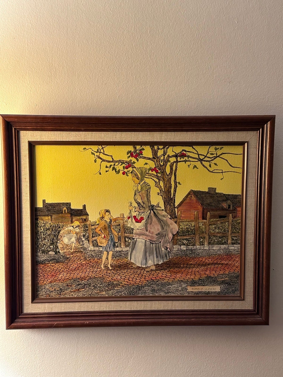 1970s MARK WOOD OIL FRAMED Painting mother and daughter Picking Apples