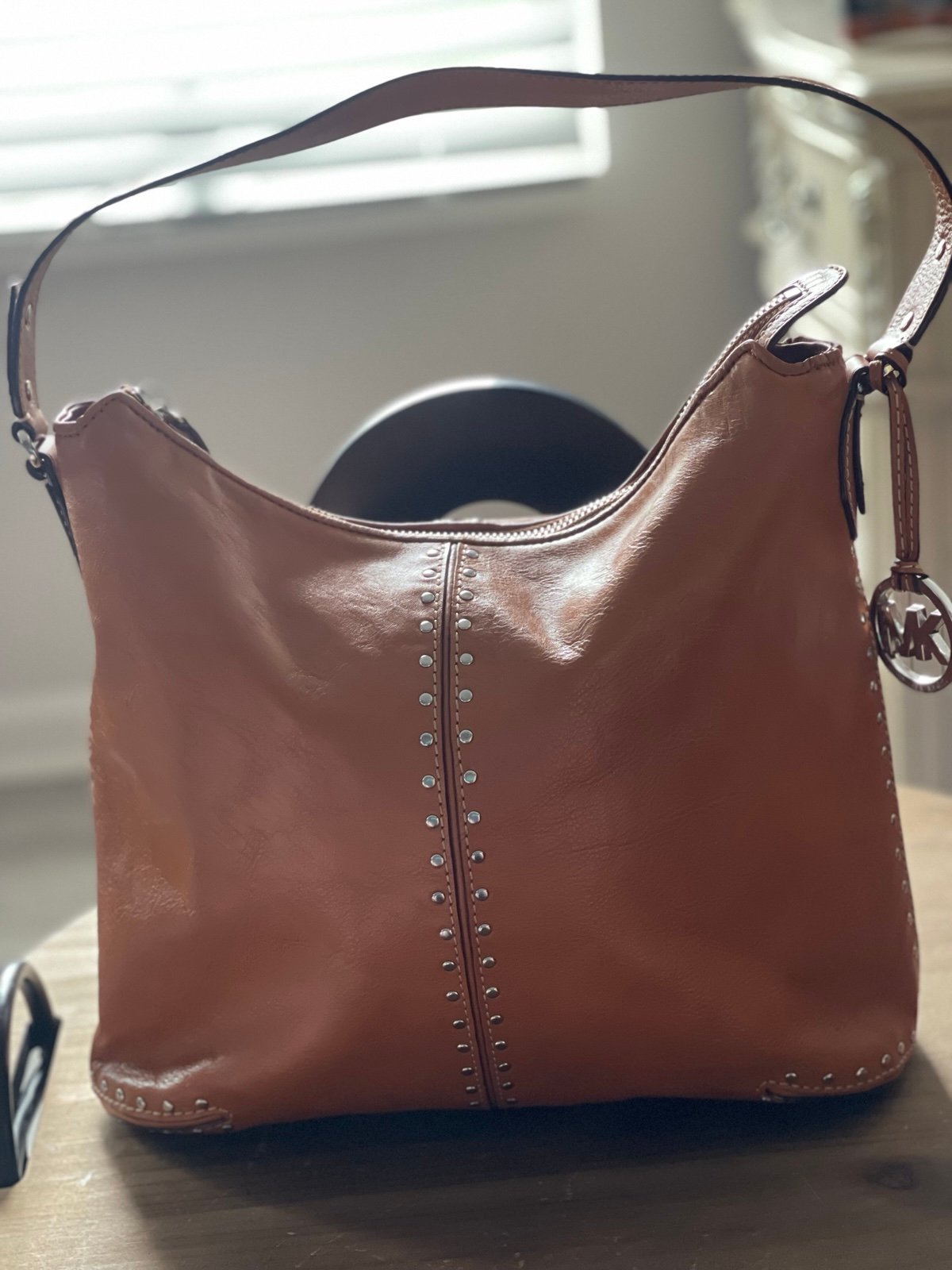 Michael Kors Maple Brown Pebbled Leather Astor Studded Hobo Shoulder Bag