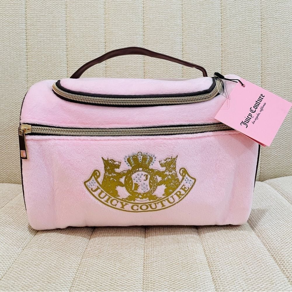 NEW Juicy Couture Light Pink Velour Heritage Travel Duffel Makeup Bag Rhinestone