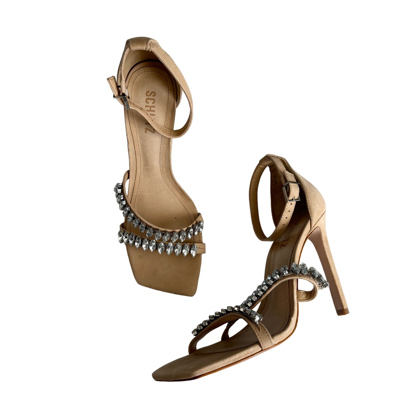 Schutz Women’s Linsey Beige Nubuck Embellished Strap Stiletto Heel Sandal Size 9