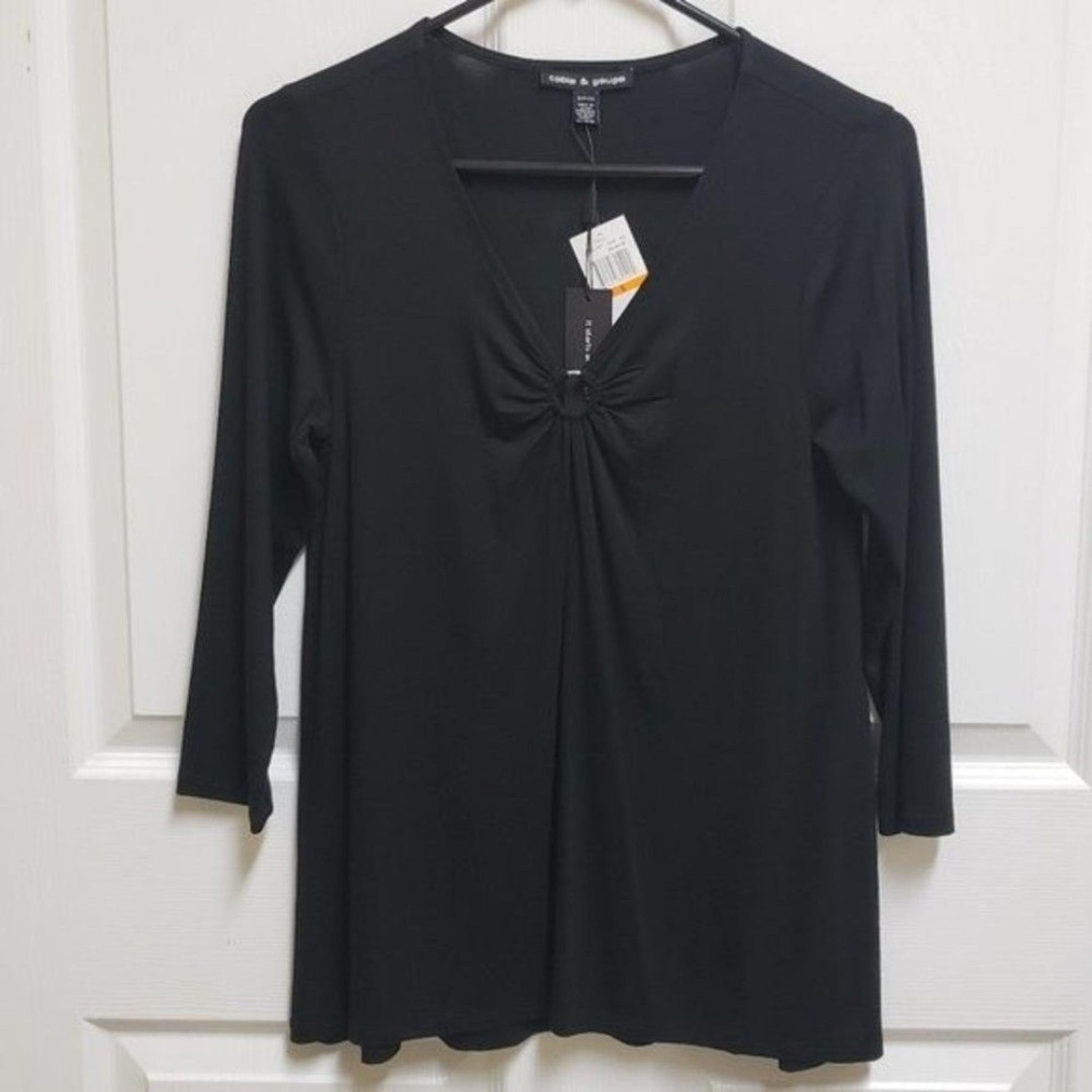 Cable & Gauge Top Womens S Black Jersey Knit 3/4 Sleeve Gathered V Neck Casual