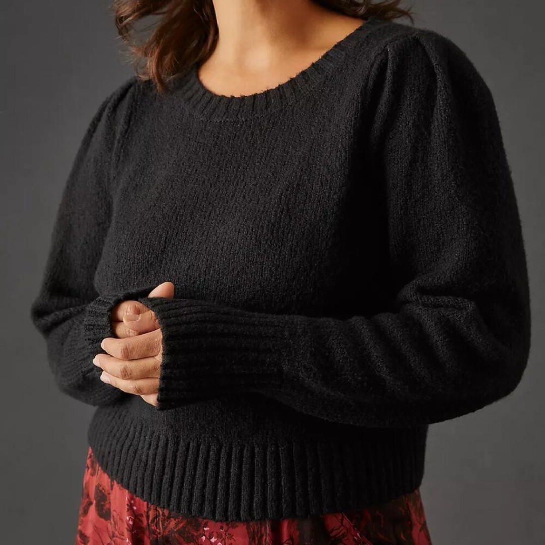 Anthropologie Crewneck Puff Sleeve Sweater Black NWT - 1X