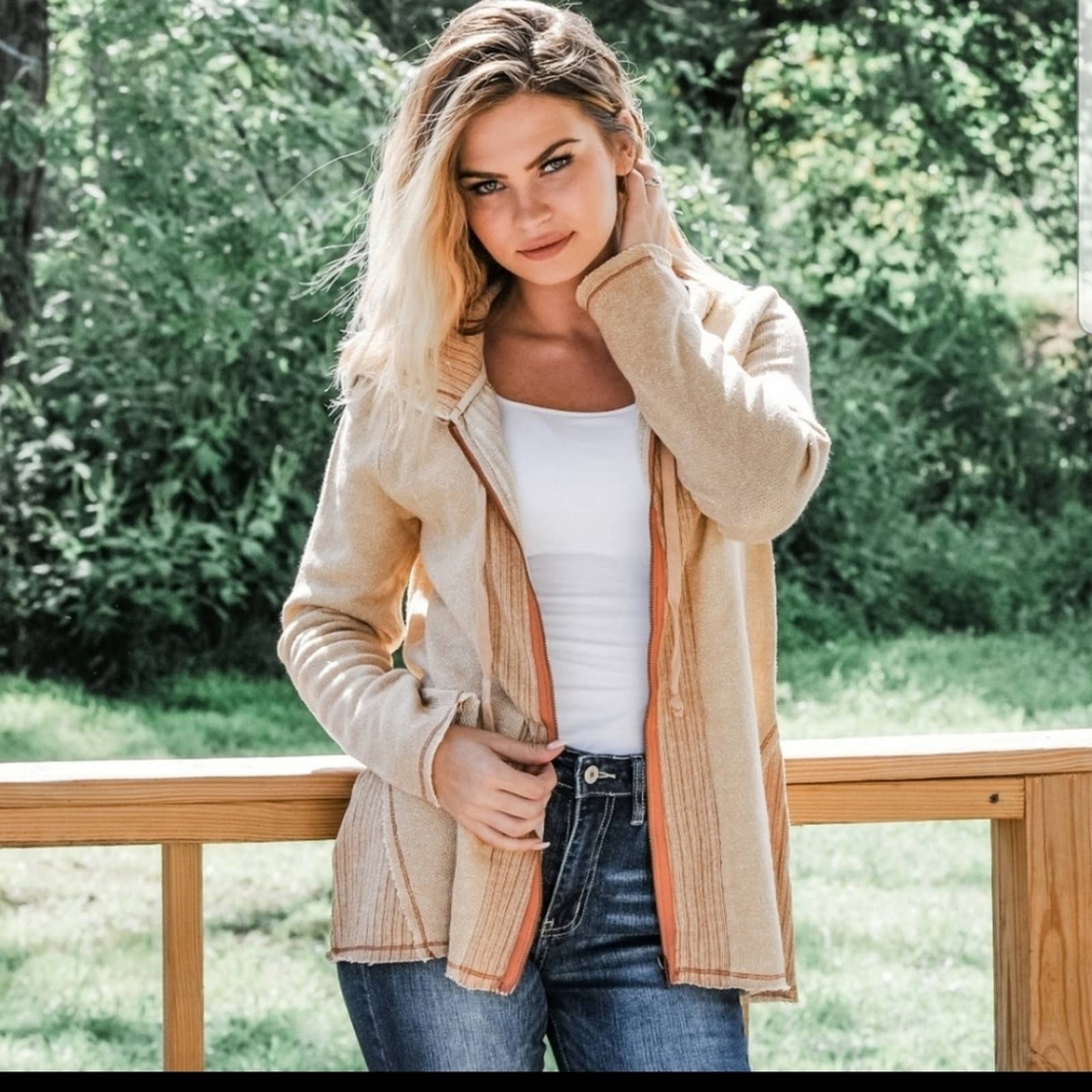 Small ODDY distressed mixed knit full zip hoodie tan