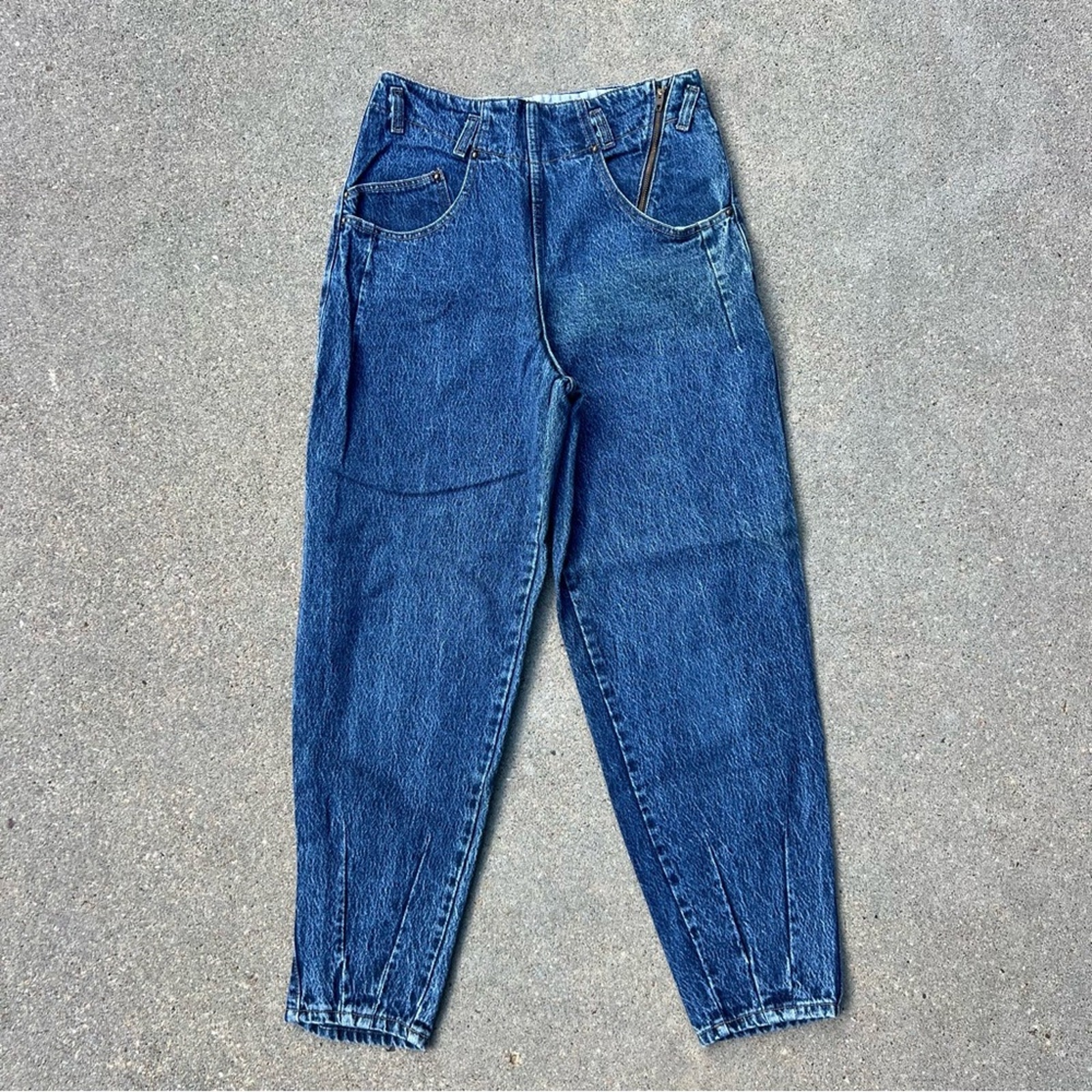 Vintage 80s Union Bay high-rise pleated taper ankle slant zip jeans 28” waist