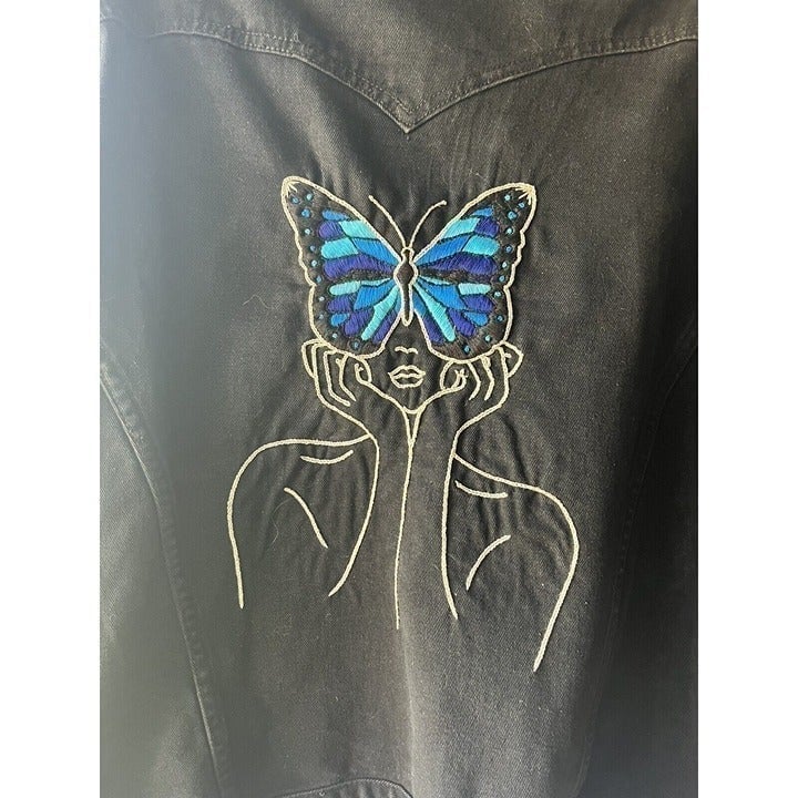 Embroidered Butterfly Jean Jacket Black XL Oversized Denim Upcycled