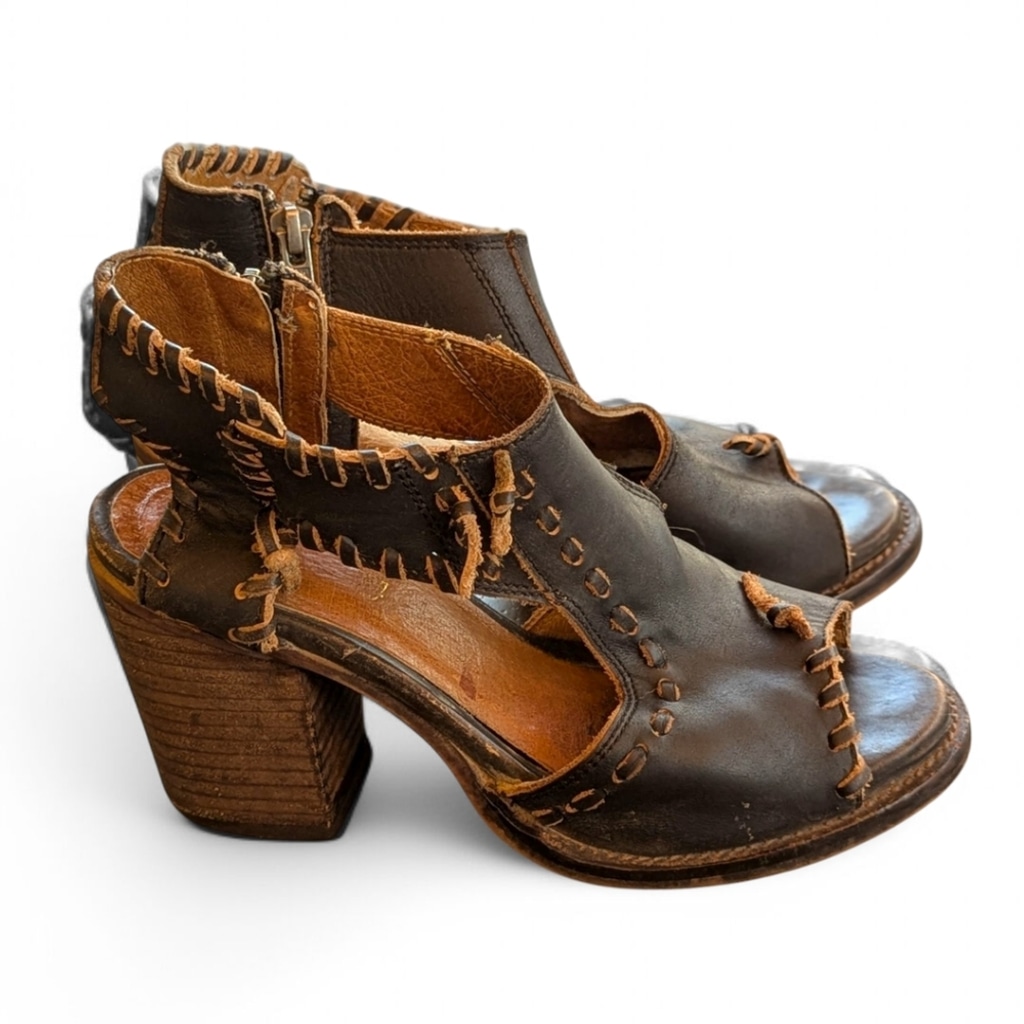 Farylrobin Loki Full Leather Wooden Heel Distressed Sandal Womens Sz 6