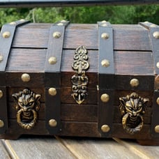 Vintage Wood Pirate Treasure Chest Jewelry Box Gothic Lion Heads Chains