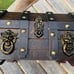 Vintage Wood Pirate Treasure Chest Jewelry Box Gothic Lion Heads Chains