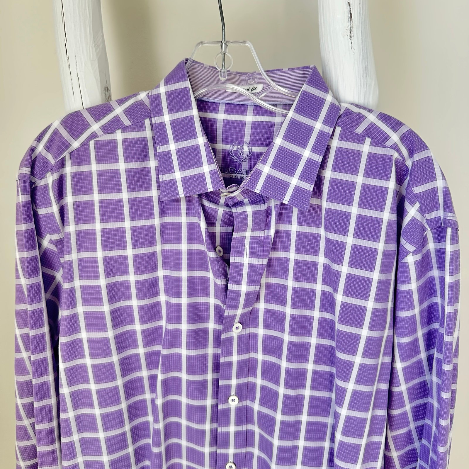 Bugatchi Men’s Purple Grid Pattern Long Sleeve Dress Shirt SZ XL