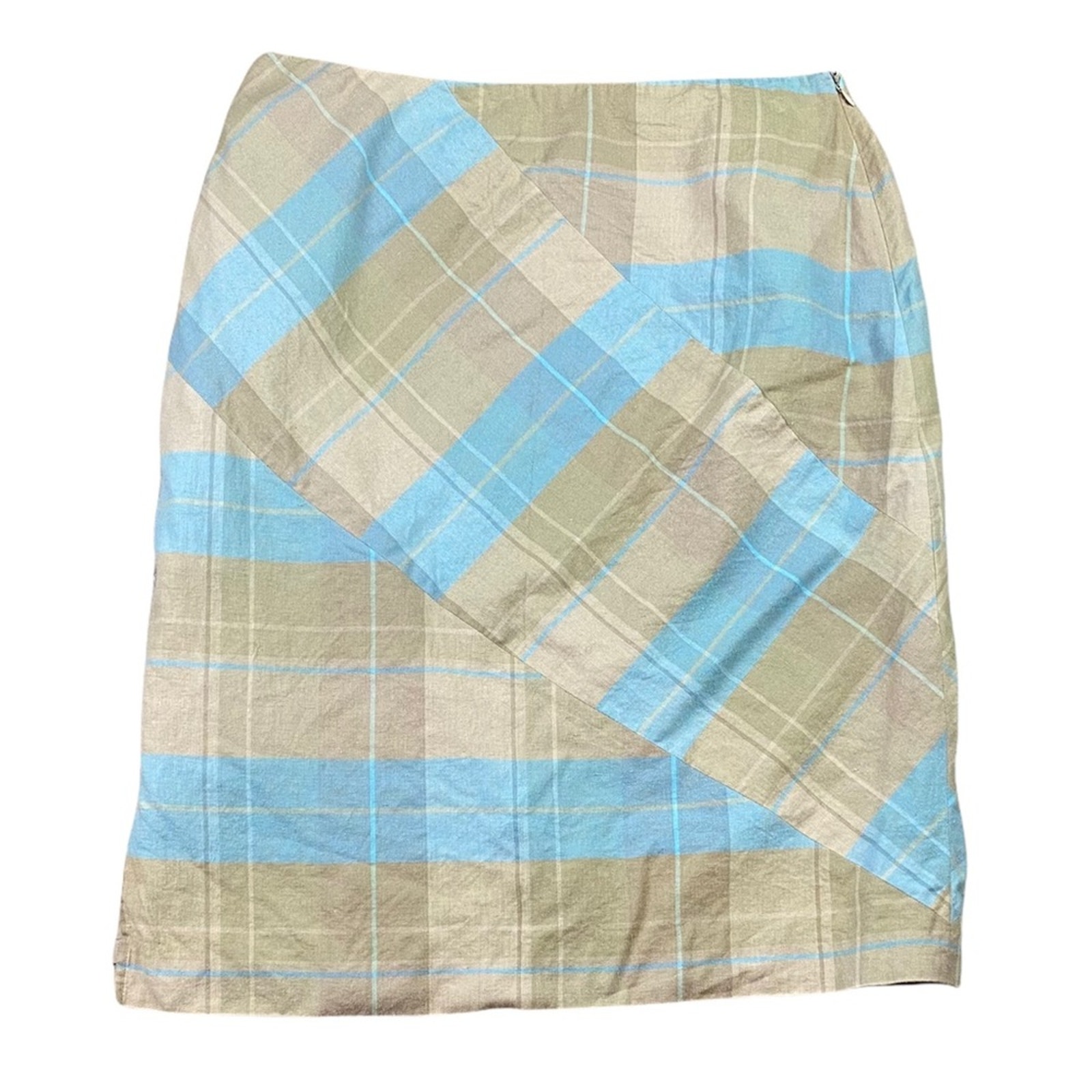 Evan Picone Plaid Skirt Wool Cotton Blend Lined Tan Blue Sz 16