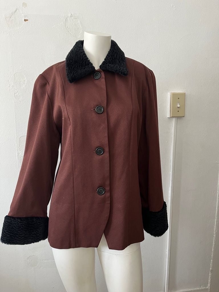 Vintage Halston Brown black polyester Blend Fur Trim overcoat textured sleeves