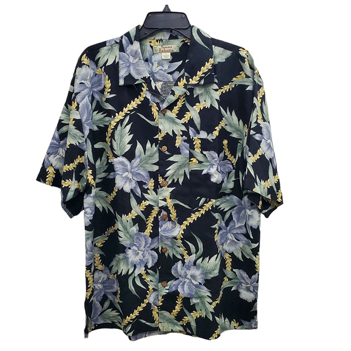 Tommy Bahama Men's Black Blue Silk Coconut Button Tropical Aloha Camp Shirt L