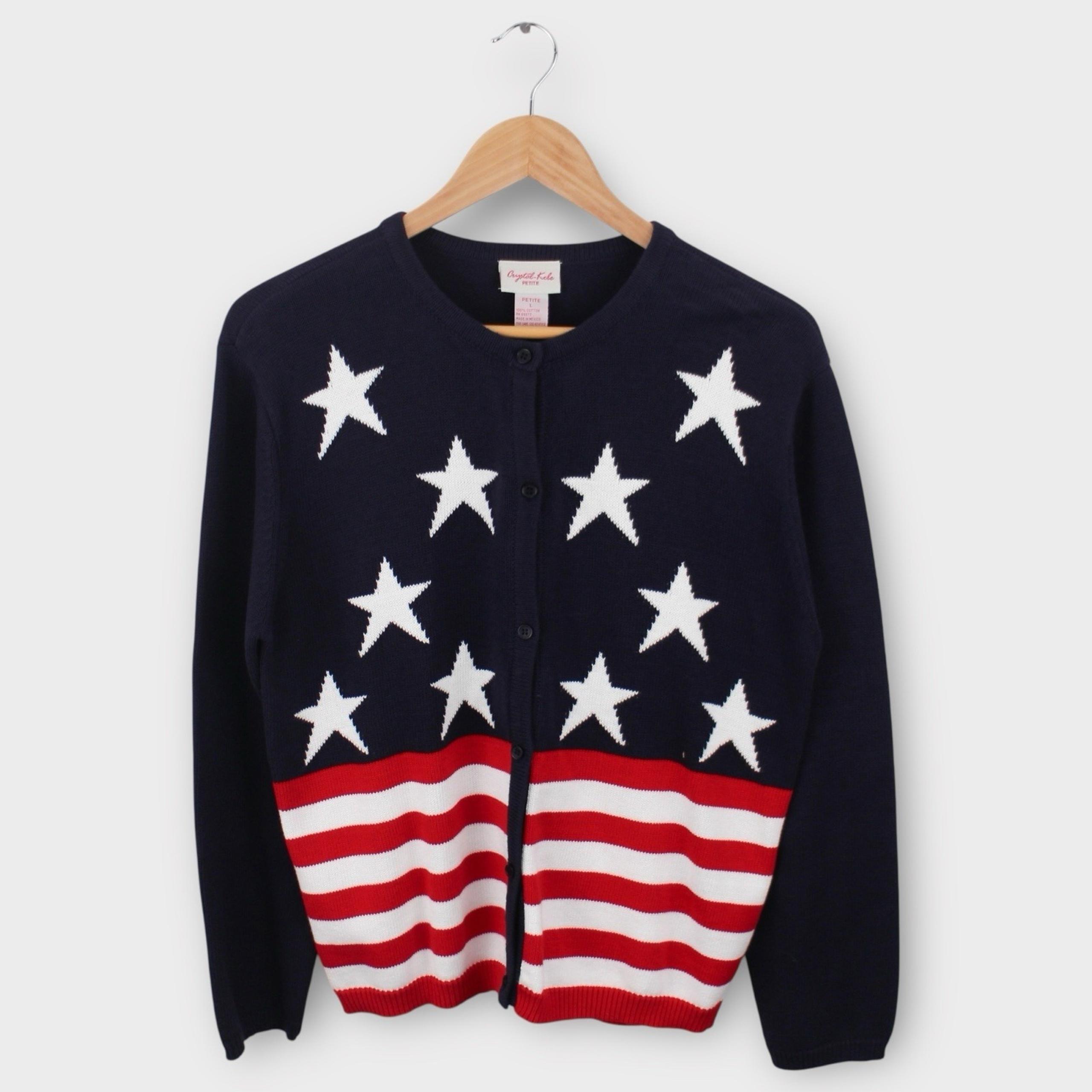 Vintage Crystal-Kobe Women's Patriotic Knit Cardigan Sweater USA Size Large
