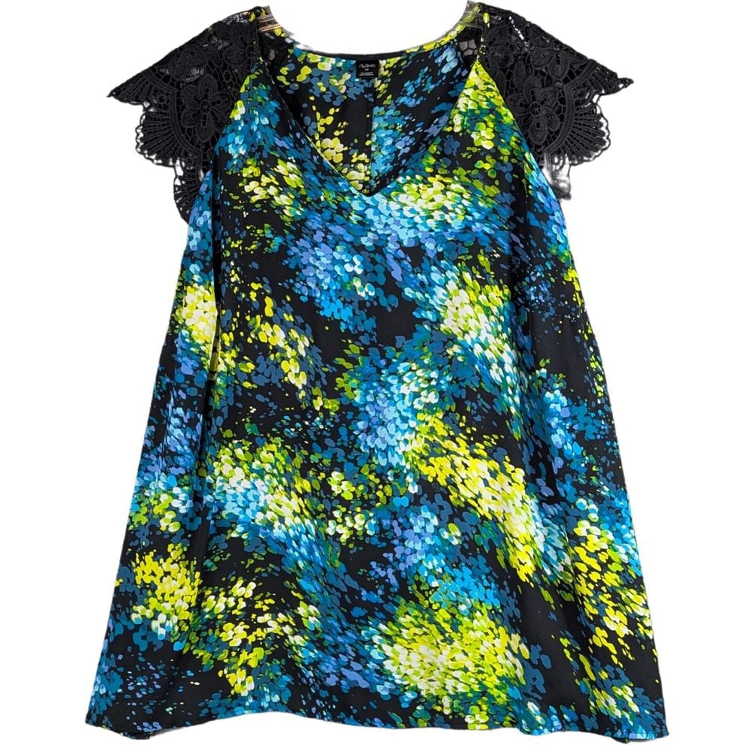 City Streets Blouse Womens Lace Capped Sleeve Multicolored Floral V-Neck Sz 3X