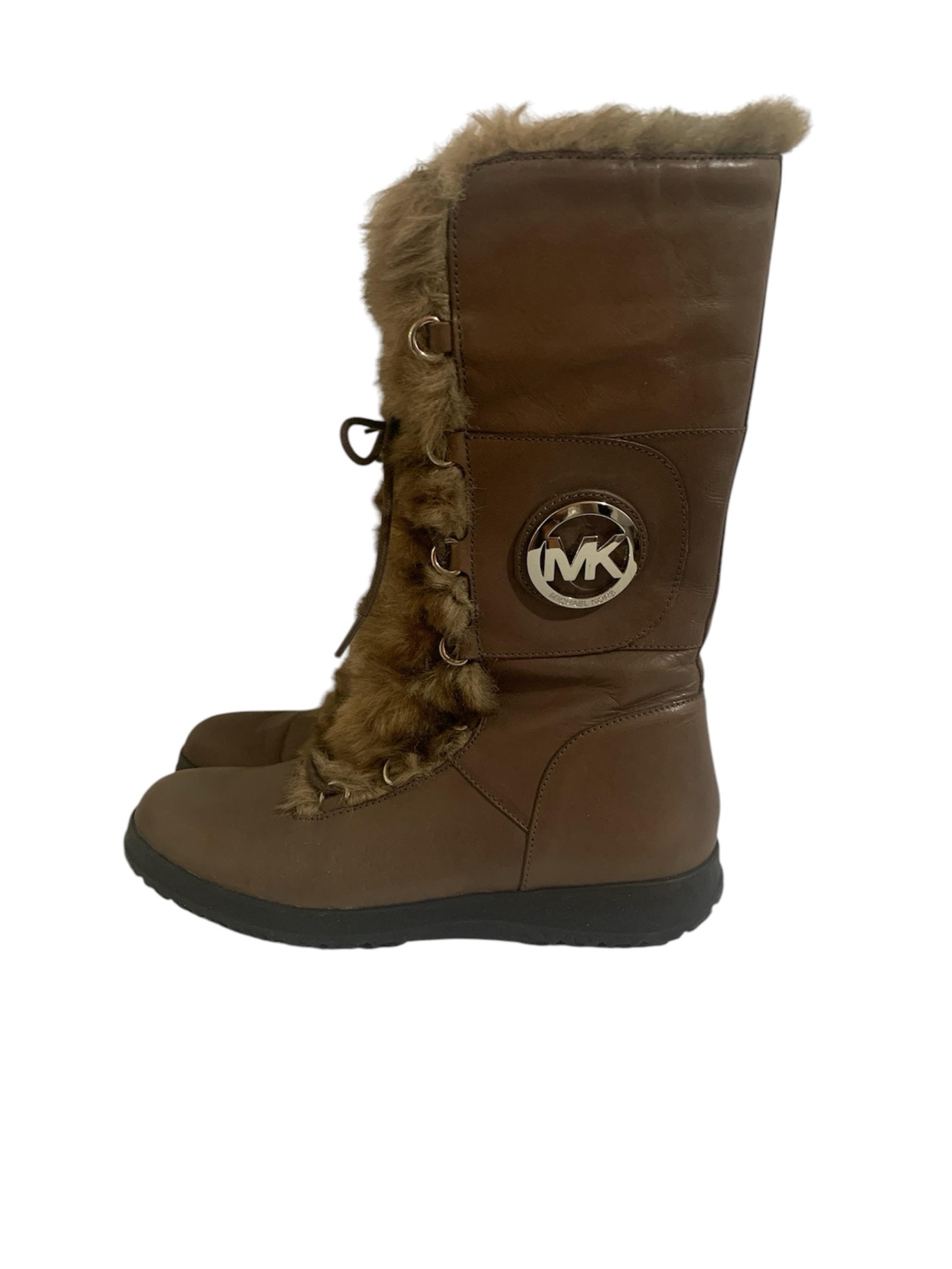 Michael Kors Brown Leather Lace-Up Faux Fur Boots 8.5