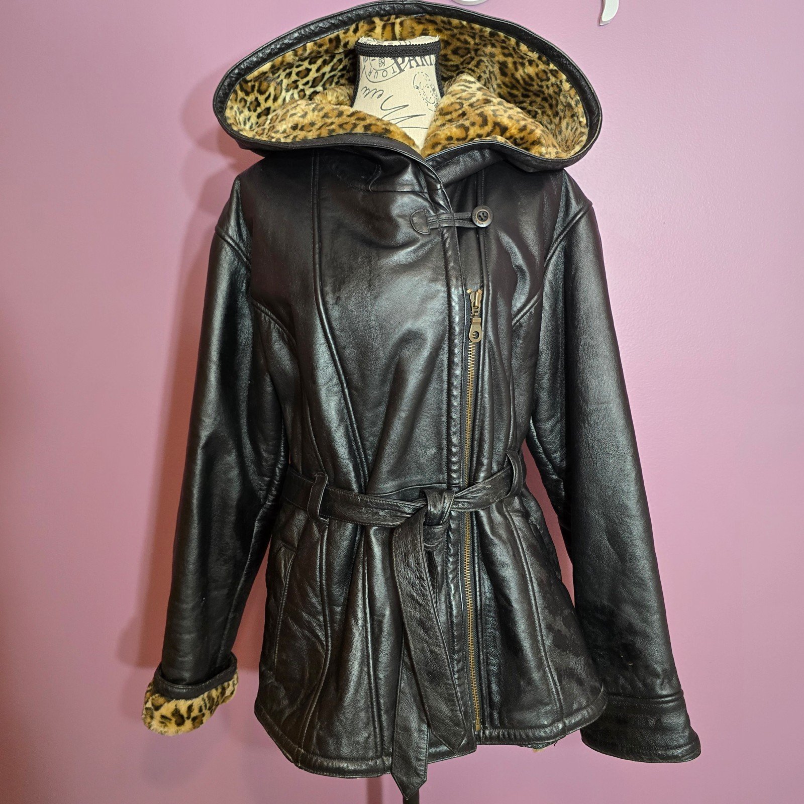 Wilson's leather super heavy leather hooded belted jacket parka Size M