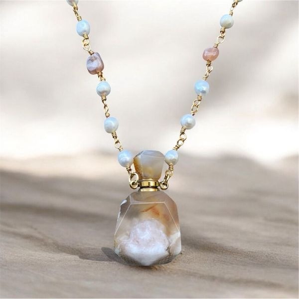 NWOT New Aviva Stanoff Lux Tribe Peach/Brown Sakura Agate Bottle Necklace