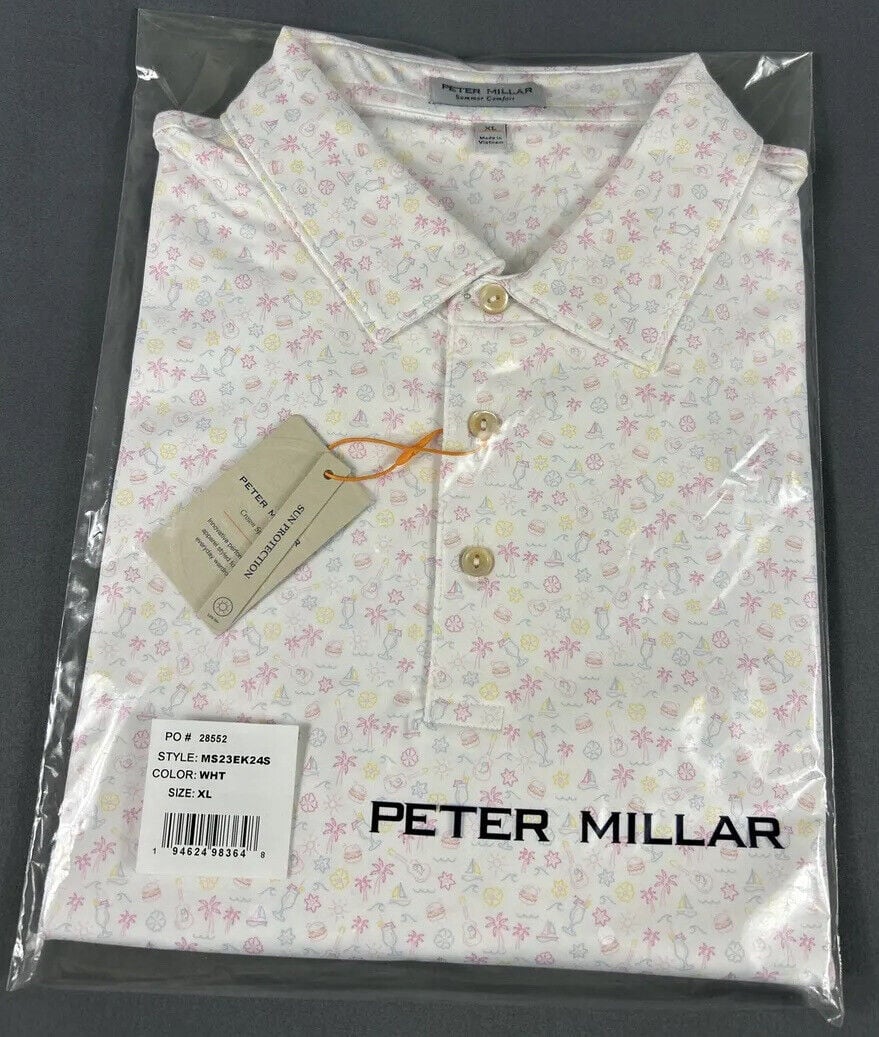 Peter Millar Golf Shirt Polo CS Summer Comfort Utopia Burger Print XL White NWT