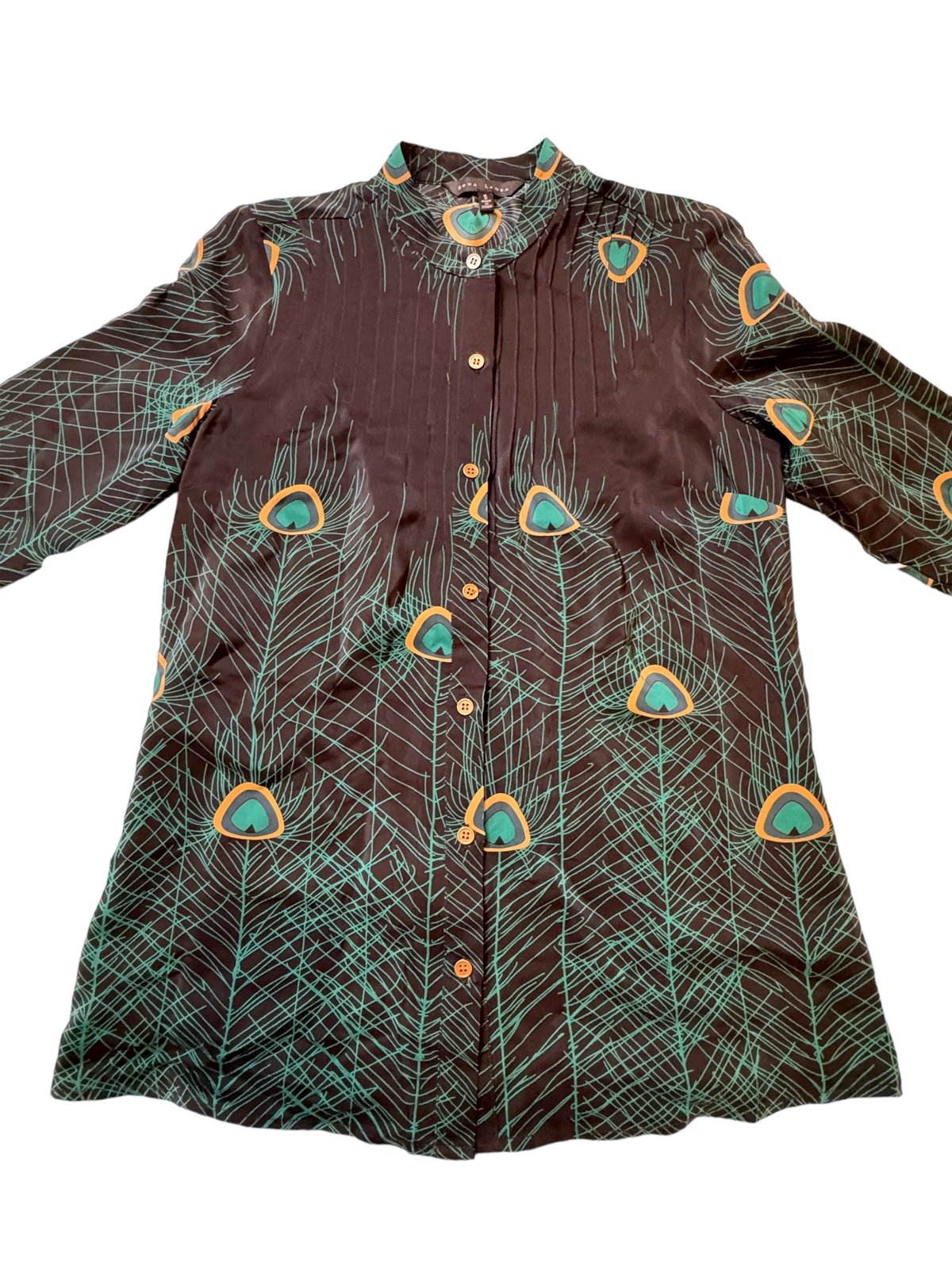 Dora Landa Button-Down Modern 100% Silk Peacock Blouse w/ Ruffles Size Small EUC
