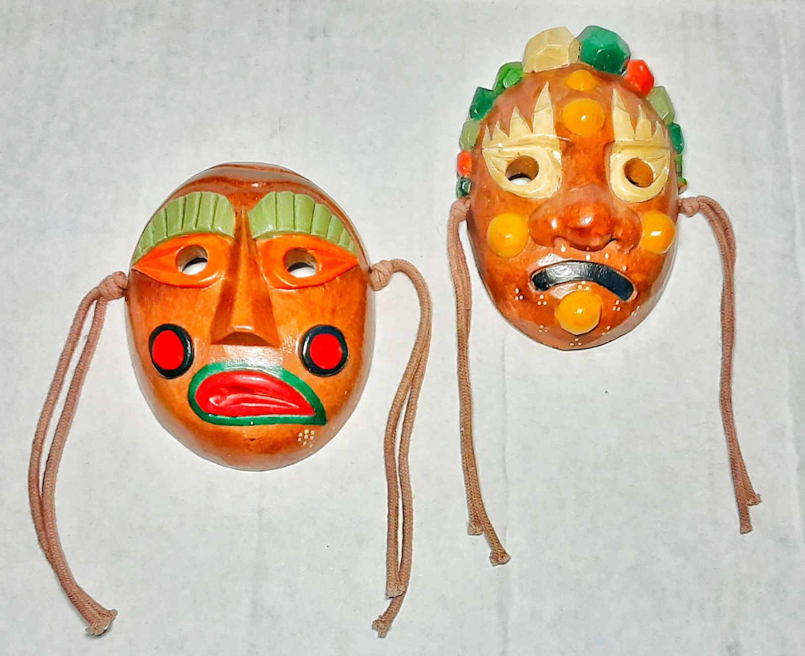 Vintage small signed carved wooden Chinese masks wall art