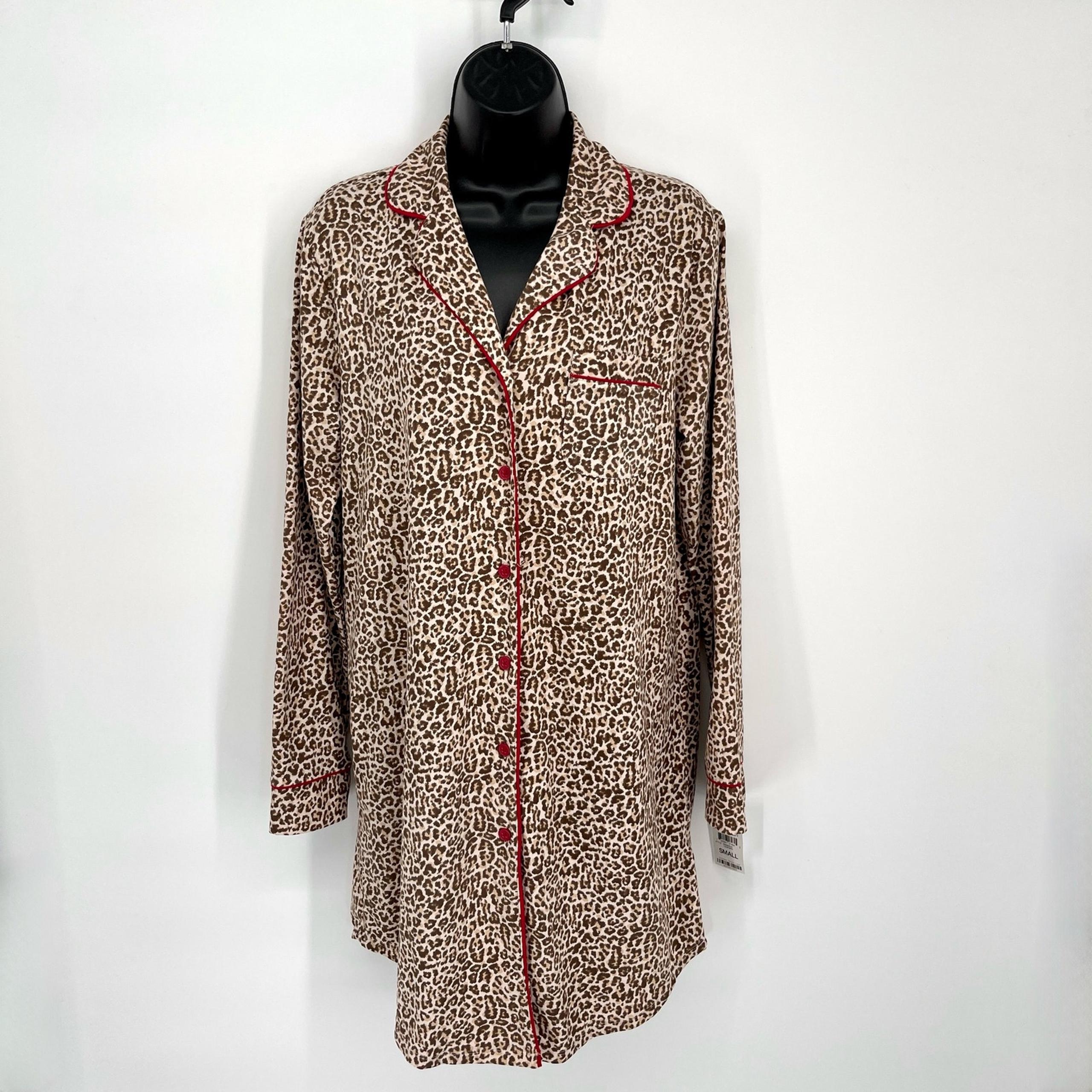 Charter Club NWT Women's Button Down Sleep Shirt Size S Leopard Brown Red Trim