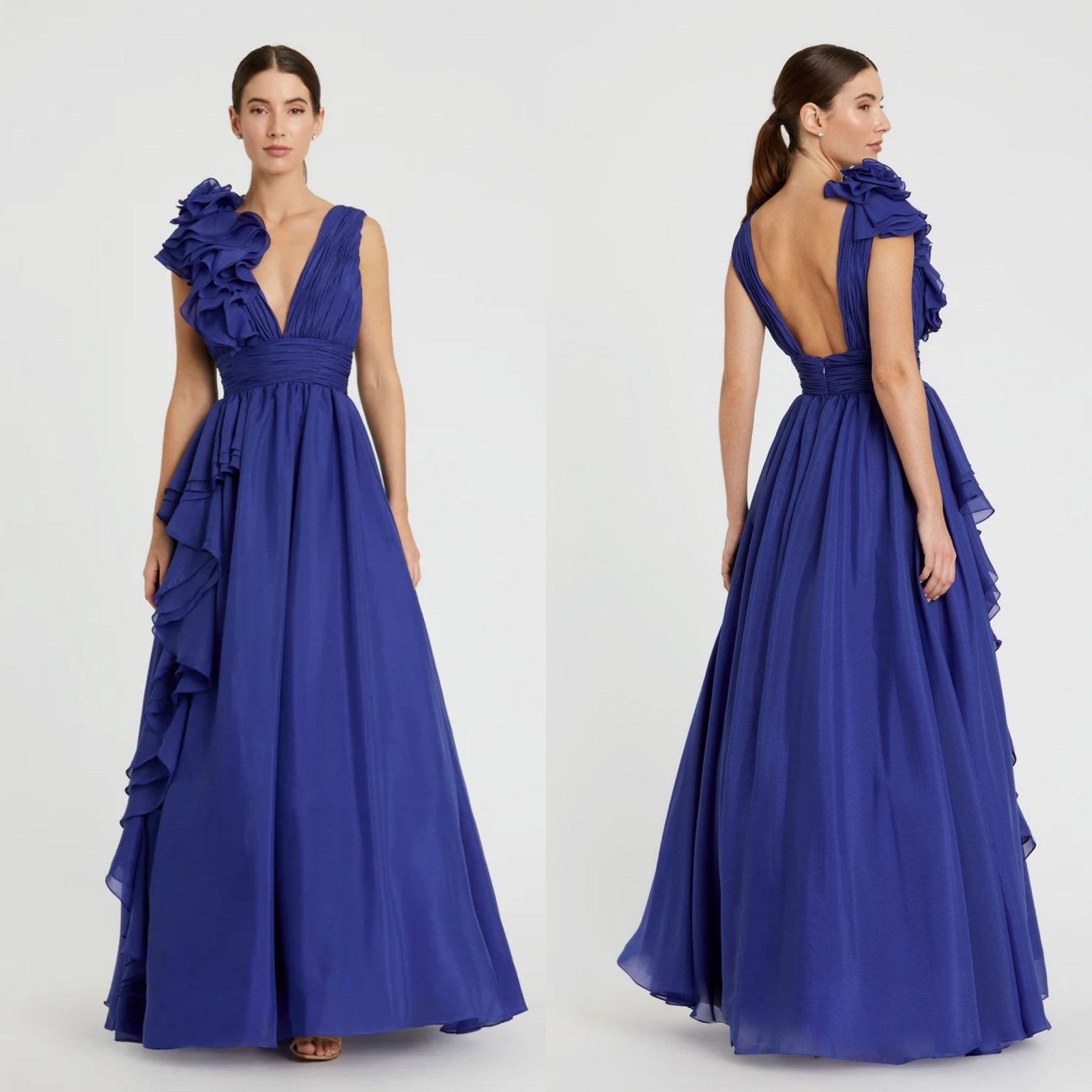 Mac Duggal Cobalt Ruffle Shoulder V Neck Chiffon Gown 4