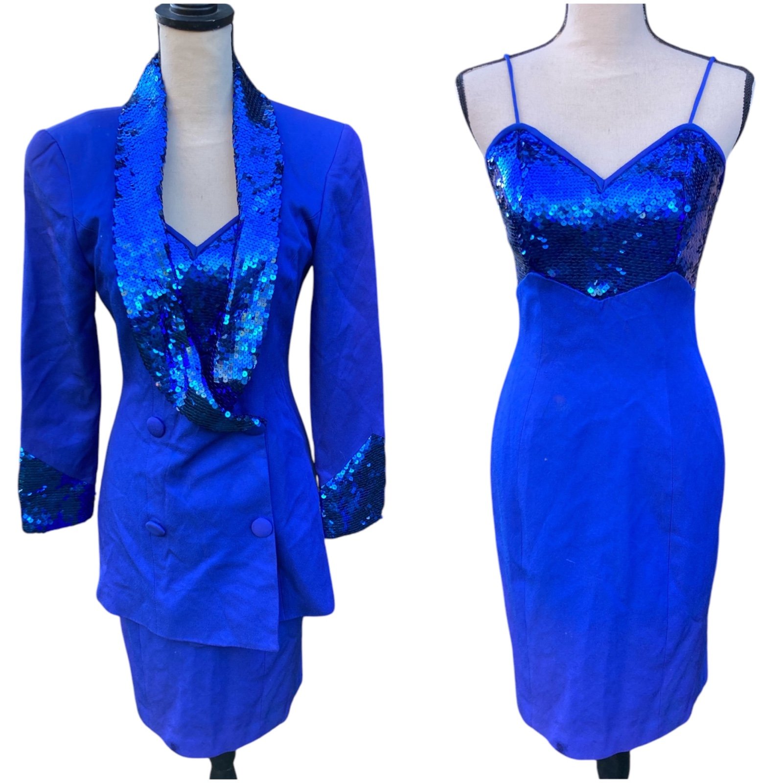 Vintage 90s Electric Blue Sequin Sleeveless Dress And Jacket Set 6
