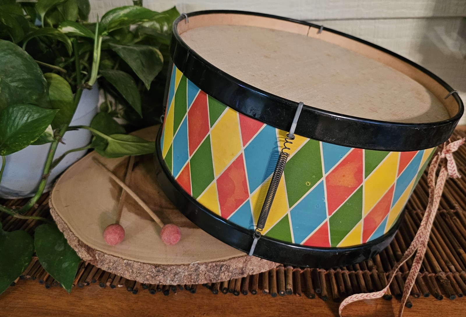 Vintage (1950s) Toy Drum w/Orginal Neck Strap & Drumsticks