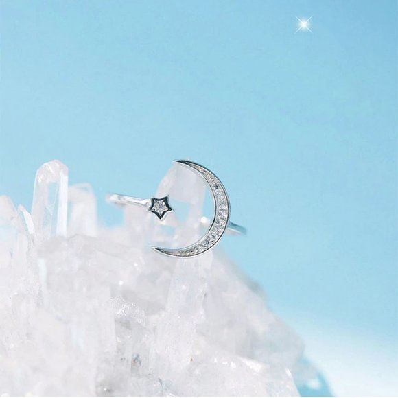 NEW 925 Silver Moon Star Adjustable Ring