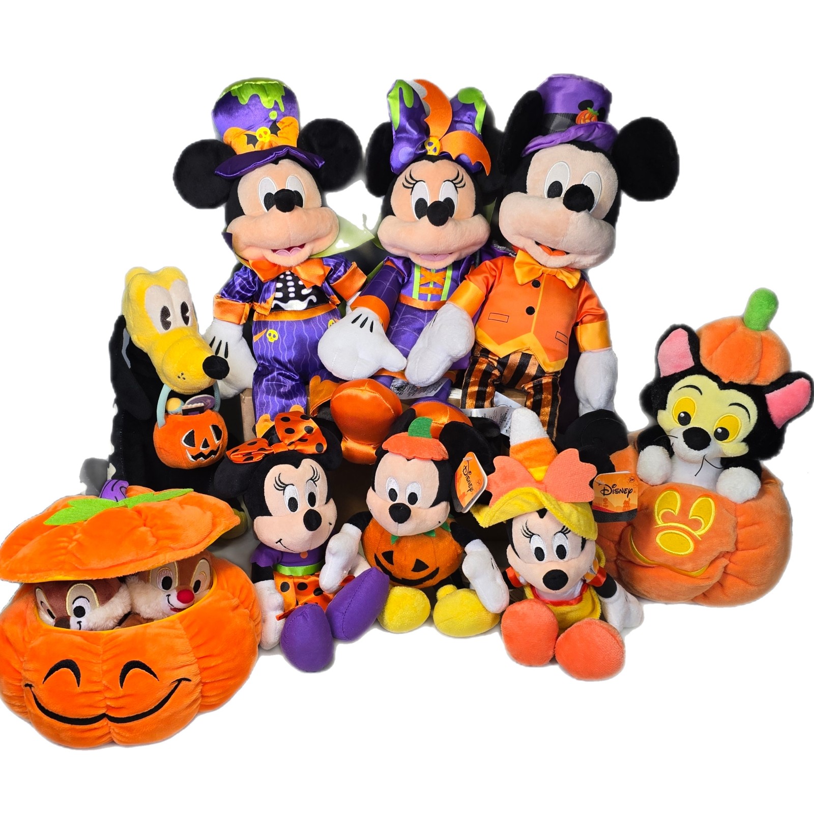 Disney Halloween Plush Lot Of 10 - Mickey Minnie Pluto Figaro Chip Dale Pumpkins