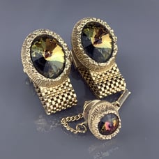 Amber Brown Rivoli Rhinestone Gold Tone Cuff links Tie Pin Mesh Wrap Vintage