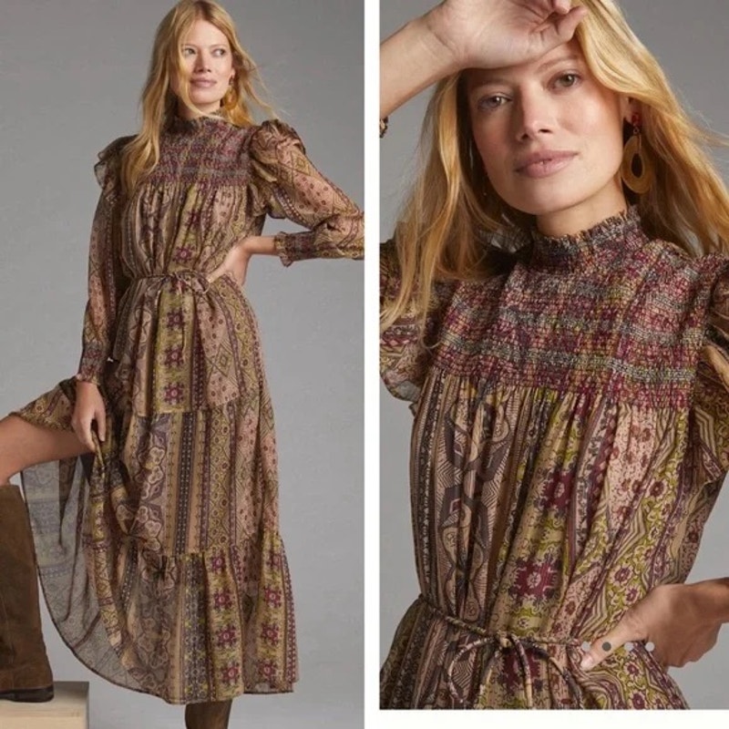Anthropologie Llani Smocked Floral Print Chiffon Long Sleeve Bohemian Dress XS
