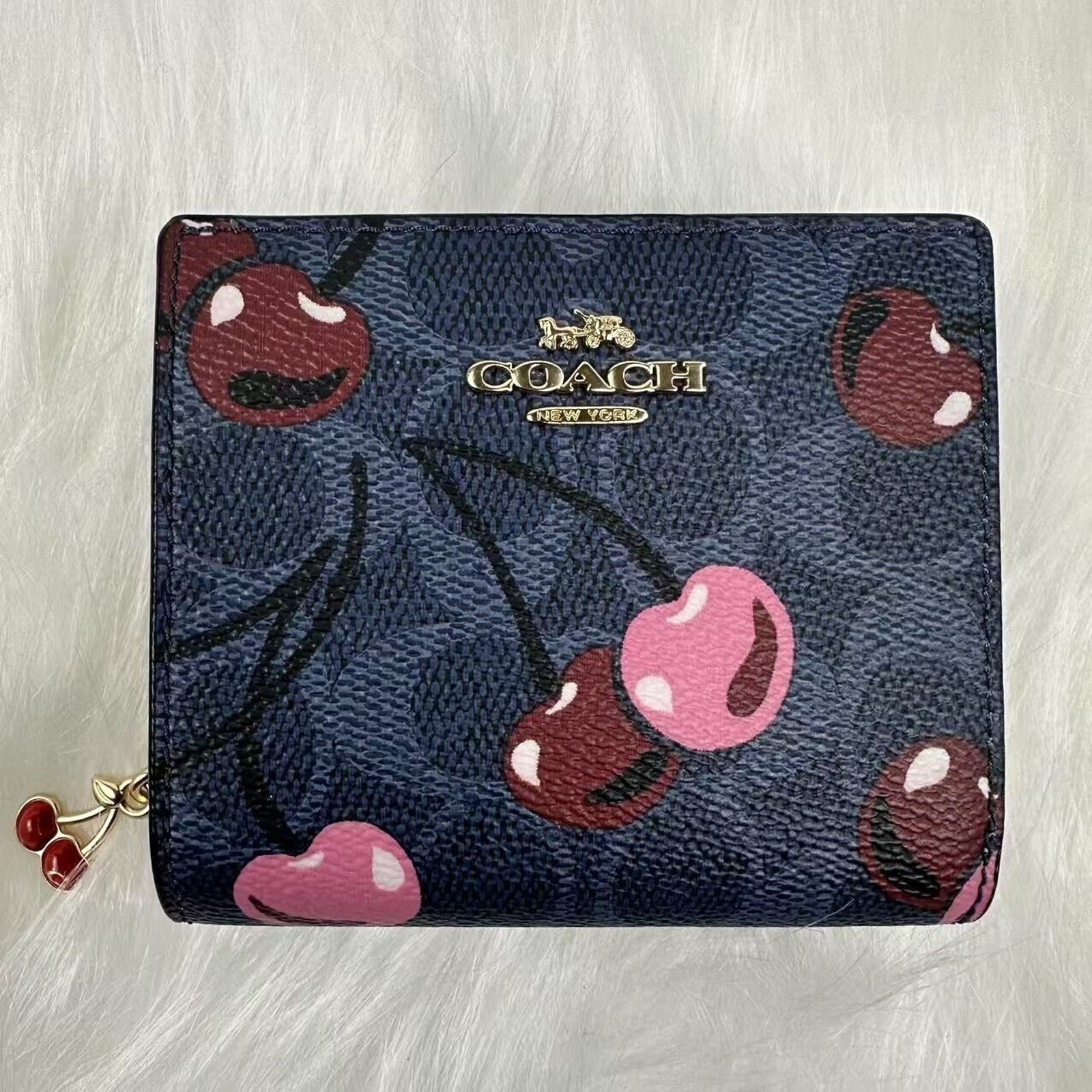 Coach Snap Wallet In Signature Canvas With Pink Cherry Print Gold/Denim Blue NWT