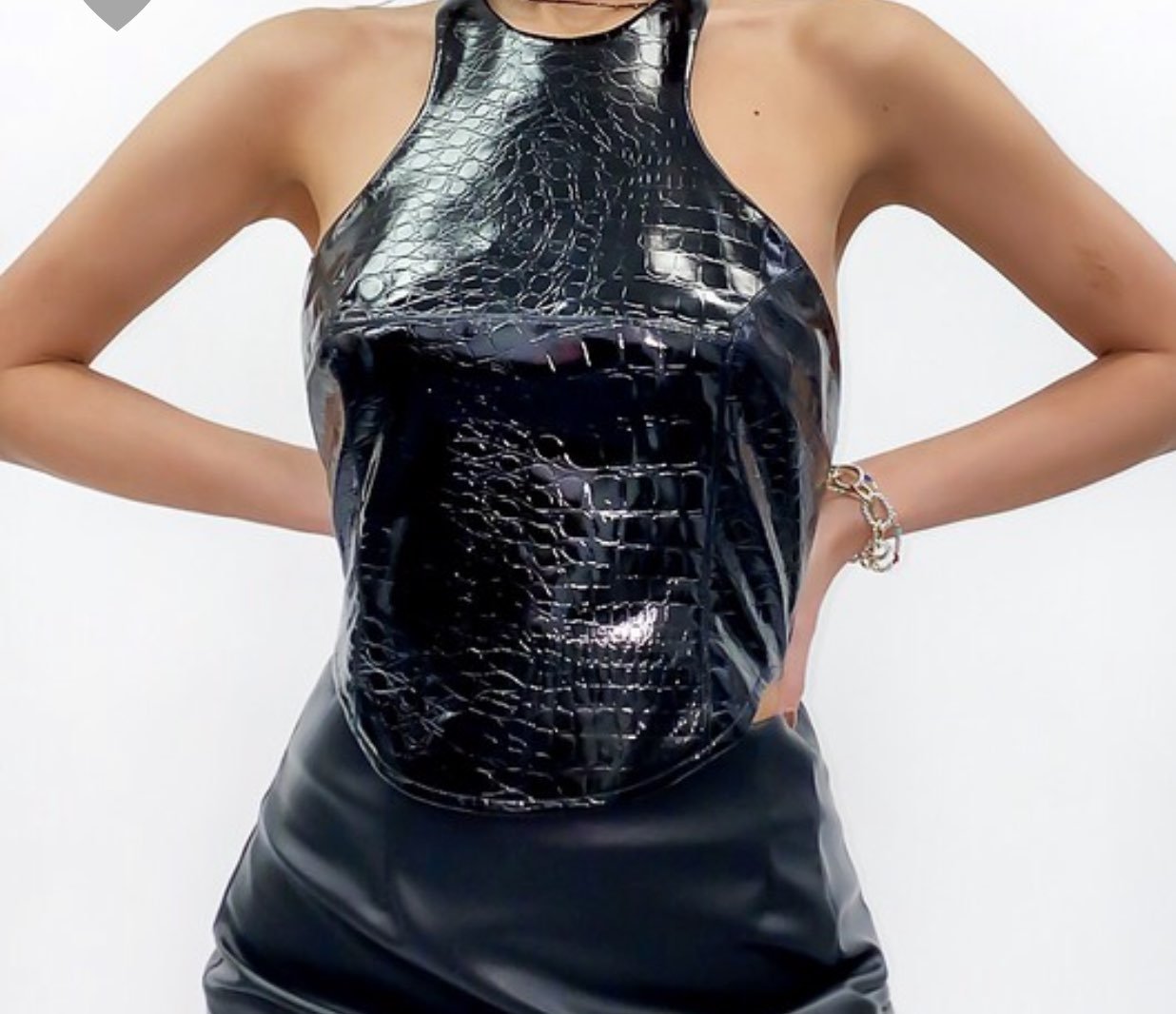 PU Knit halter croc print crop top