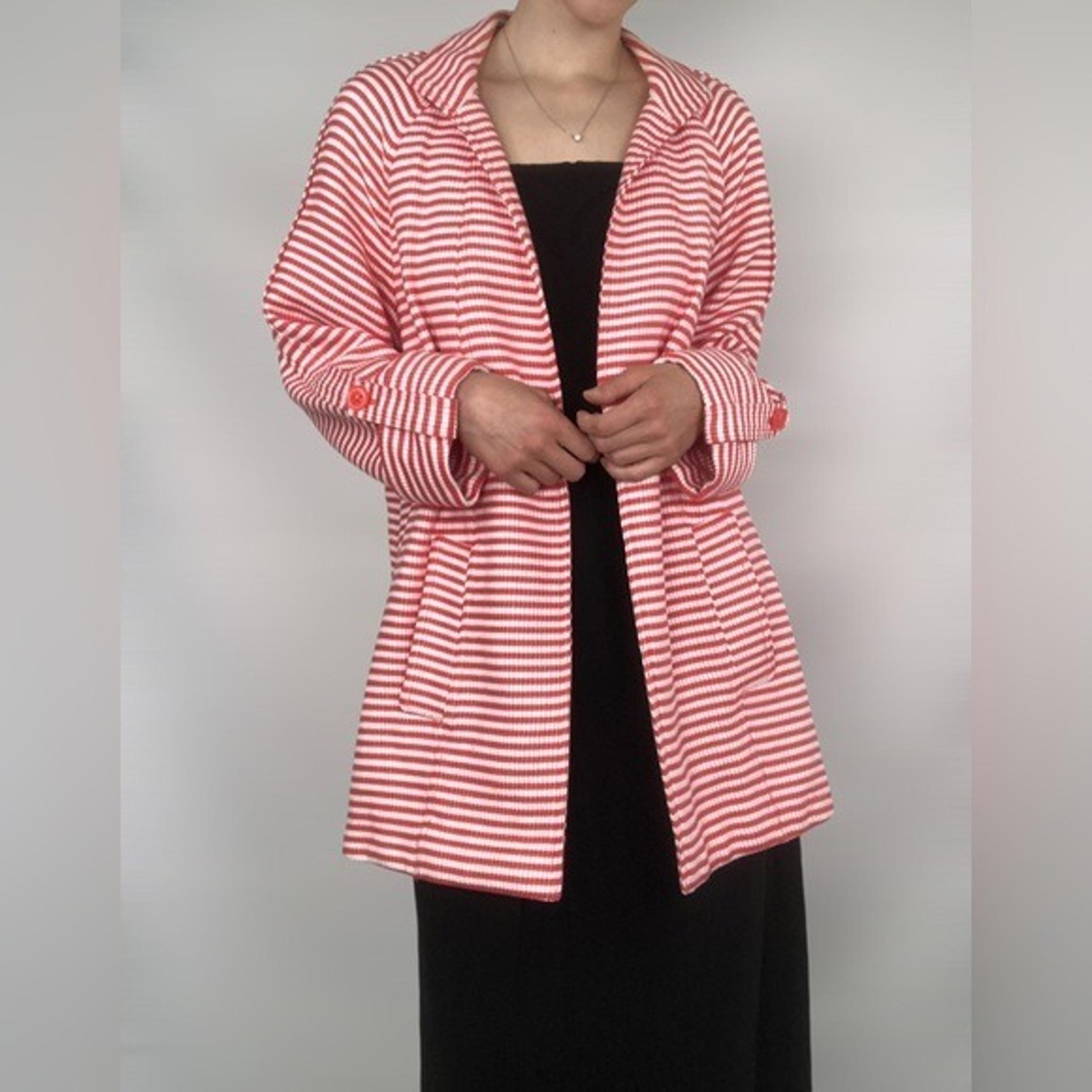 Peter Nygard Open Front Jacket Stripes Button Sleeve Collared Coastal Grandma