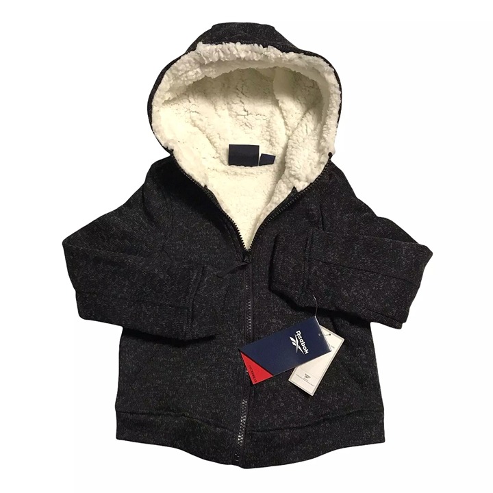 Reebok Little Boys/Girls Knit Jacket Size 4 Black/Gray Warm Sherpa Lining Hooded