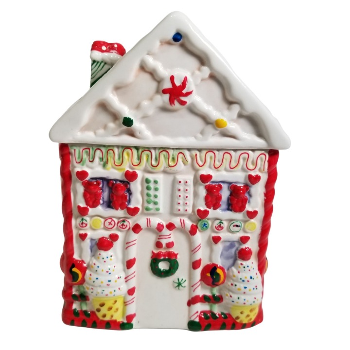 Candy Gingerbread Treat House Cookie Jar Christmas 10 x7 x5 White Red Collectio