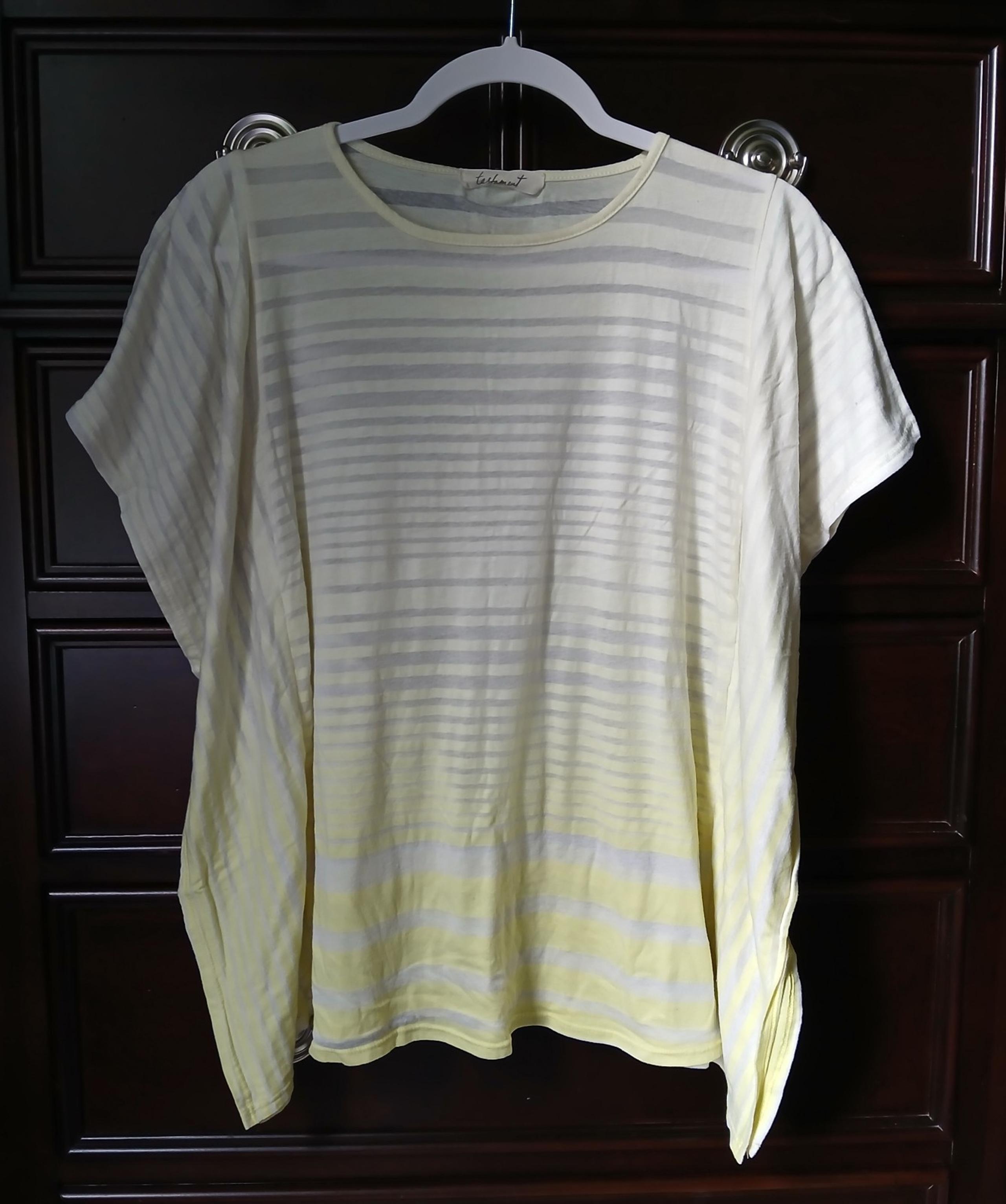 Testament brand Small Women's Square Shaped Yellow Grey Striped Shirt Top