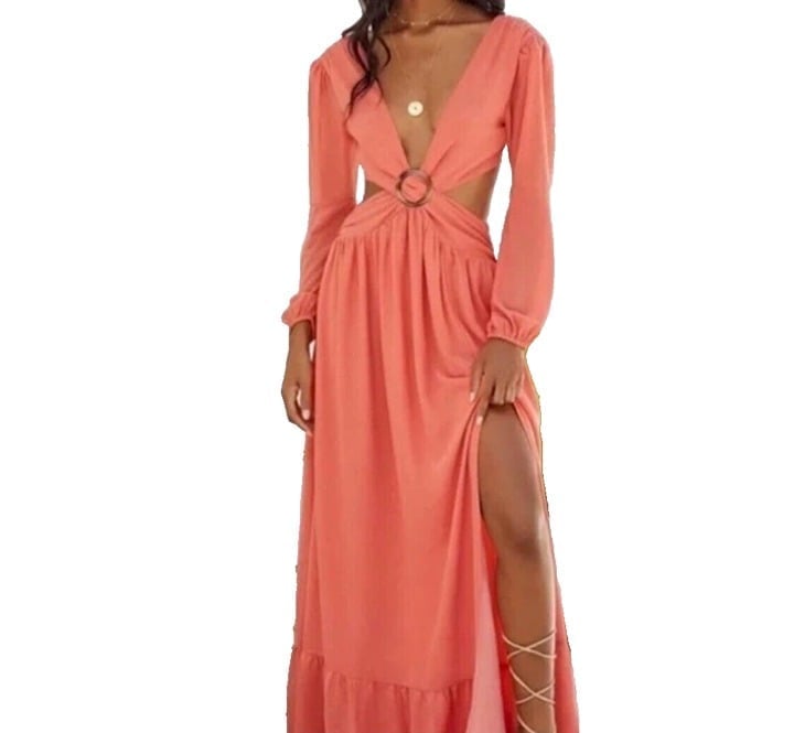 Vici Rosewood Cutout Slit Maxi Dress in Coral sz S