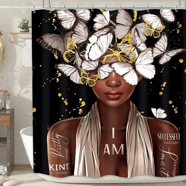 60Wx72H African American Shower Curtain Black Woman White Gold Butterfly
