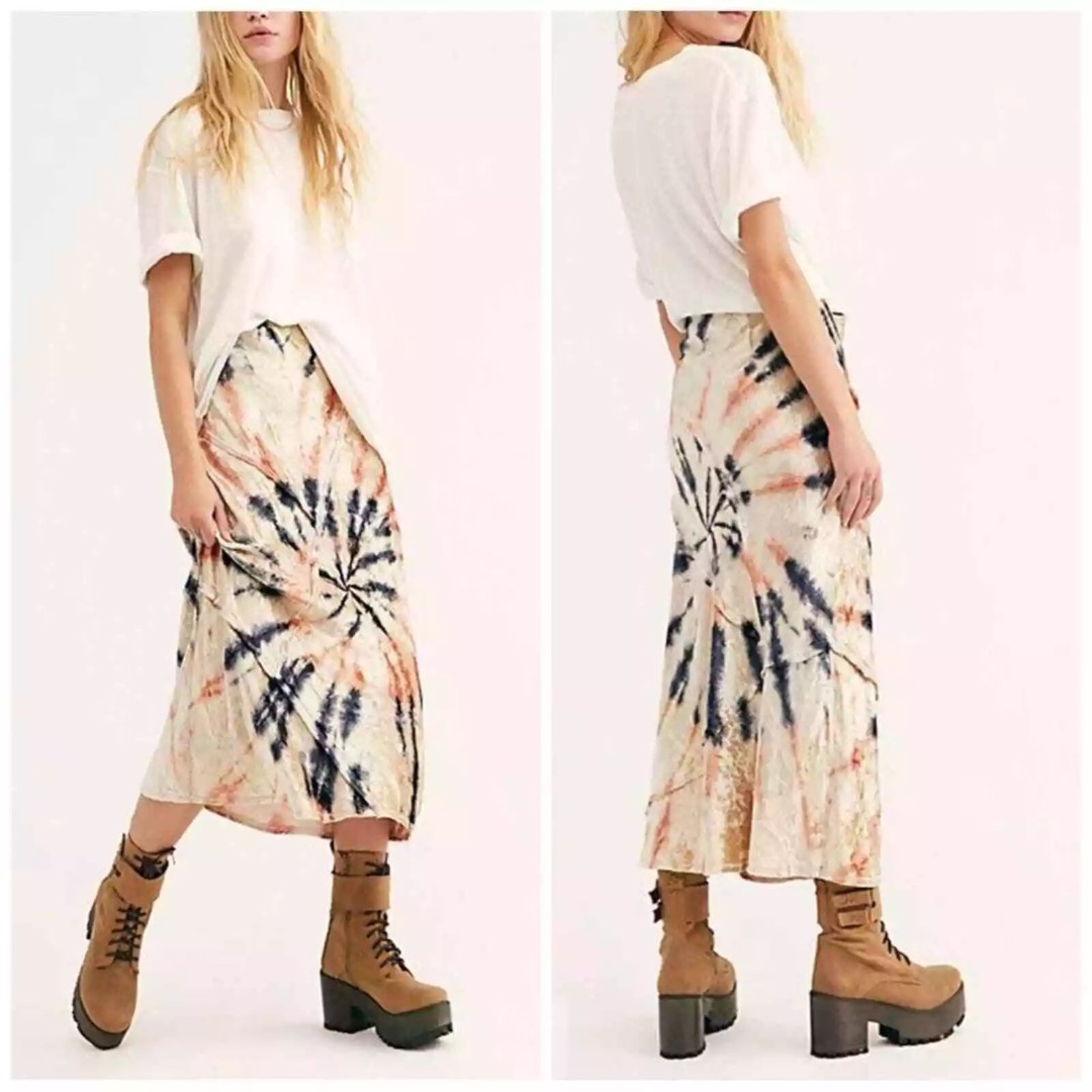 Free People High Waist Tie Dye Velvet Midi Skirt Multicolor Medium