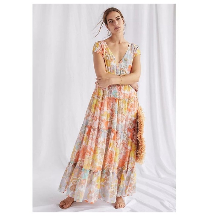 Anthropologie Ethereal Floral V-Neck Maxi Dress Size Small Tiered L6