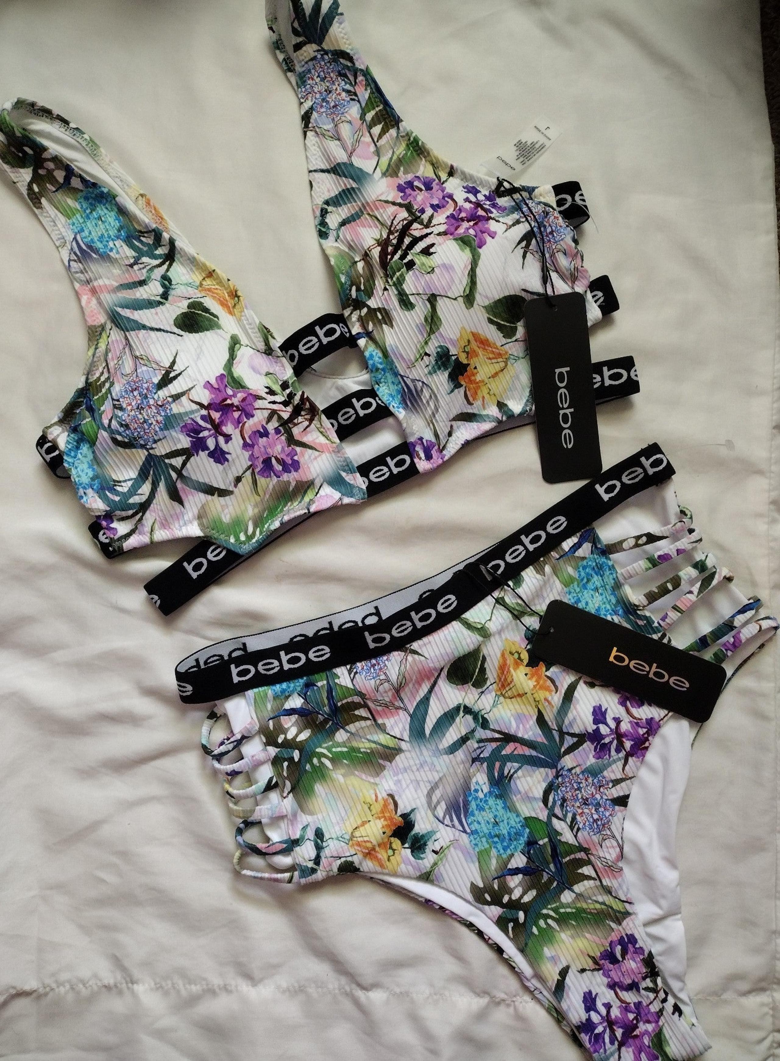 BEBE Tropical Floral Caged Highwaisted 2 piece Bikini-Size L