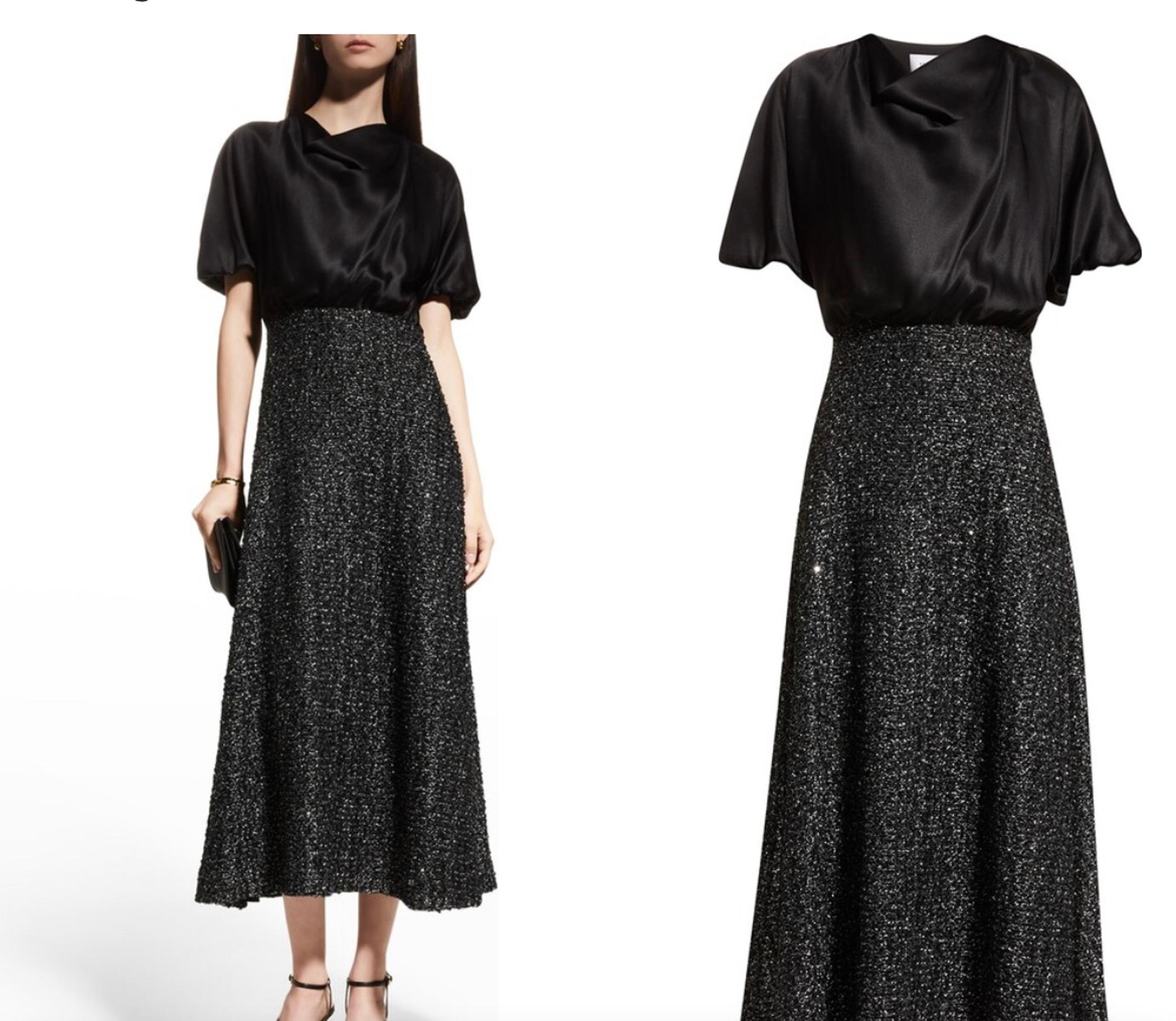 $1895 St. John Mixed-Media Cowl-Neck Tea-Length Dress size L