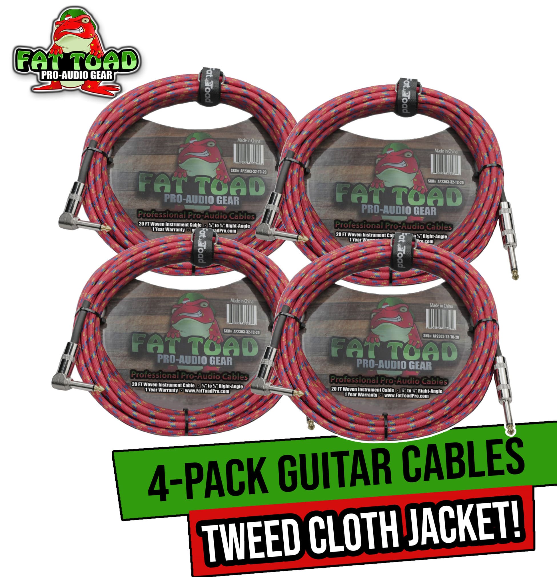 Guitar Cords (4 Pack) Right Angle to Straight-End Instrument Cable Tweed Cloth