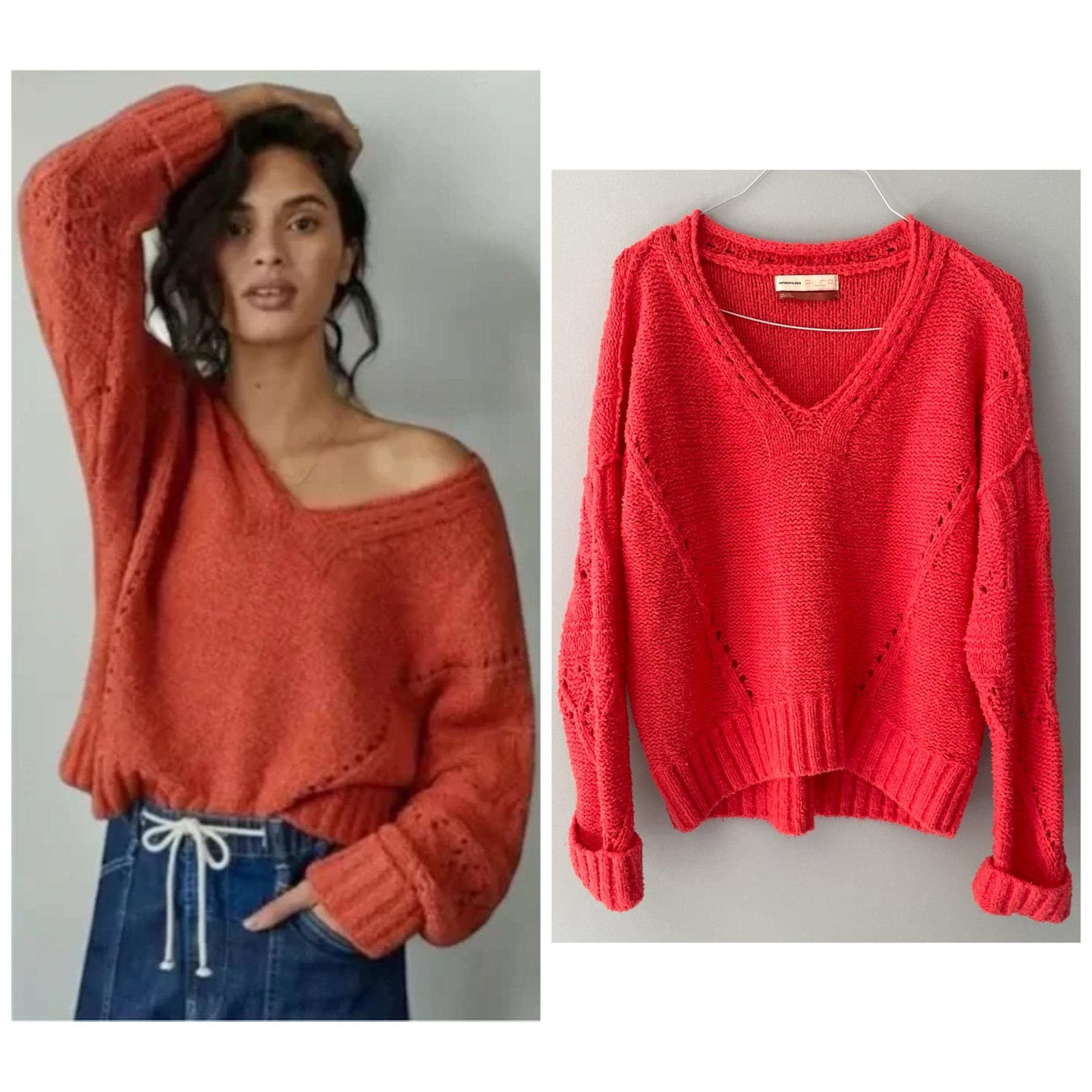 PILCRO x ANTHROPOLOGIE Marla V Neck Coral Sweater