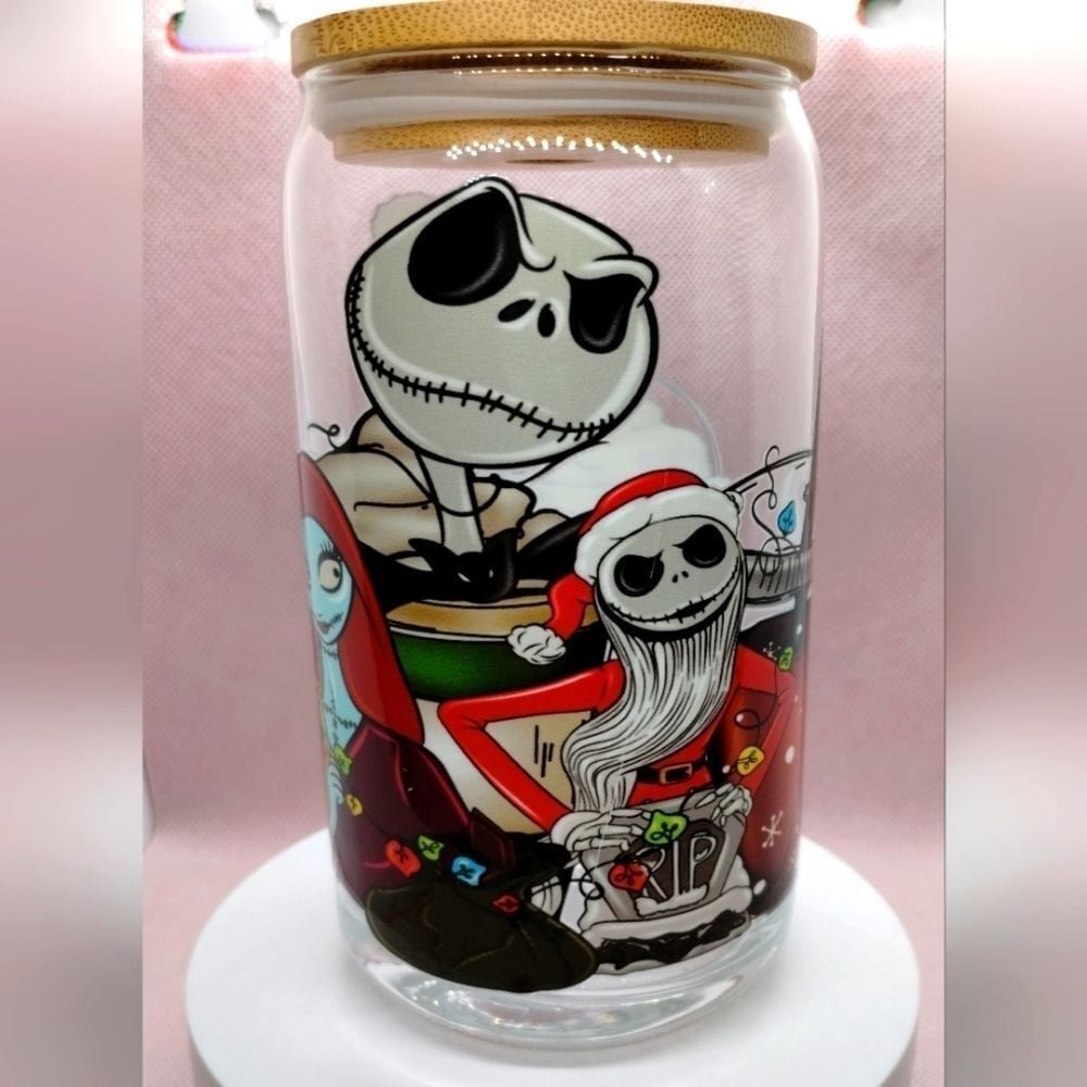 Jack & Sally NBC Glass Cup with Bamboo Lid and Glass Straw