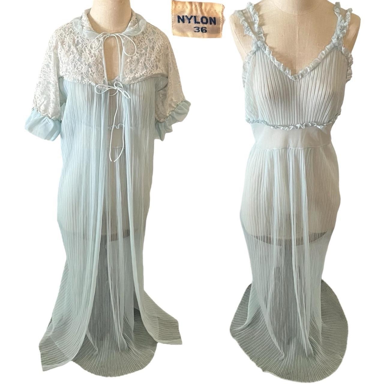 50s 60s Mid Century Chiffon Peignoir Robe and Pleated Long Full Length Night Gow