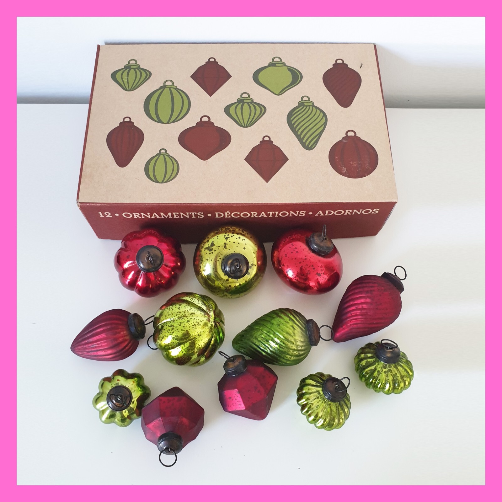 Crate & Barrel Mercury Glass Kugel Style Christmas Ornaments Balls Red Green Set