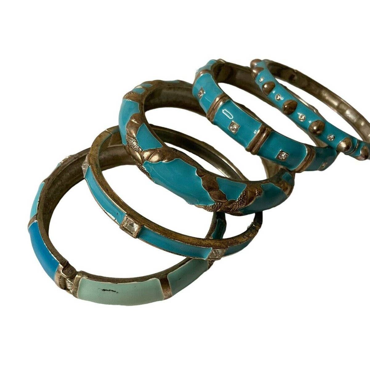 Enamel Bracelet Stack Turquoise Blue and Gold Tone Hinged Bangles Set of 5